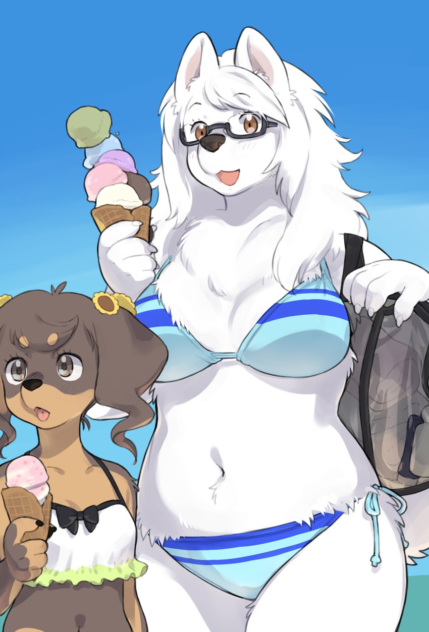 accessory anthro belly bikini breasts brown_body brown_eyes brown_fur chest_tuft circle_eyebrows clothing dessert duo eyebrow_through_hair eyebrows eyewear female food frilly frilly_bikini frilly_clothing frilly_swimwear fur glasses hair hair_accessory ice_cream ice_cream_cone kemono medium_breasts multicolored_body multicolored_fur navel open_mouth open_smile pattern_bikini pattern_clothing pattern_swimwear size_difference sky slightly_chubby small_breasts smile striped_bikini striped_clothing striped_swimwear stripes swimwear tongue tongue_out translucent translucent_hair tuft two-piece_swimsuit two_tone_body two_tone_fur white_body white_fur kikurage inukoro_(kikurage) edoya kusuda_korone canid canine canis domestic_dog mammal 2024 hi_res