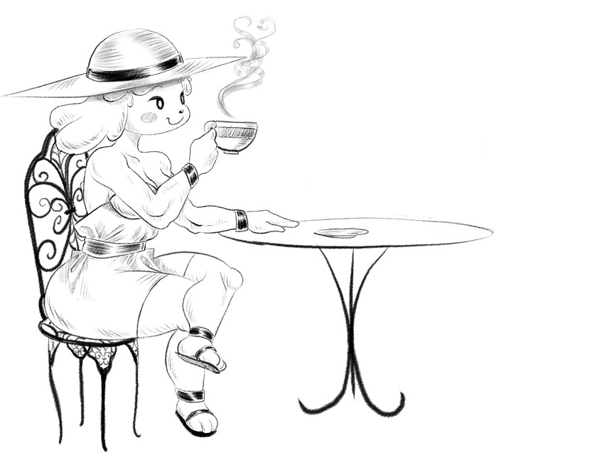 3_toes anthro beverage breasts chair cleavage clothed clothing coffee dress feet female footwear furniture hat headgear headwear on_chair sandals shoes simple_background sitting sitting_on_chair smile solo sun_hat table toes white_background panthera_cantus animal_crossing nintendo isabelle_(animal_crossing) canid canine canis domestic_dog mammal monochrome