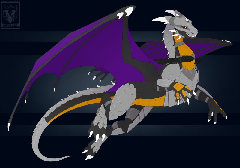 4_toes ambiguous_gender armor black_background black_body black_skin claws curved_horn feet feral flying grey_body grey_scales horn looking_down membrane_(anatomy) membranous_wings orange_body orange_scales panzerfaust pattern_background plate_armor purple_body purple_skin quadruped ranged_weapon red_eyes rocket_launcher scales sharp_teeth side_view simple_background smile smooth_horn solo spikes spread_wings striped_background tail teeth toe_claws toes weapon white_claws white_horn wings minerea european_mythology mythology anrhok dragon mythological_creature mythological_scalie scalie western_dragon 2018 digital_media_(artwork) full-length_portrait portrait smaller_version_at_source watermark