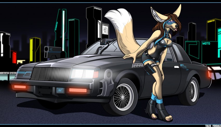 anthro black_nose breasts brown_hair car city clothed clothing cyberpunk detailed_background eyewear feet female fingers fur glasses hair neon night outside retro_car solo tan_body tan_fur toes tongue tongue_out vehicle white_body white_fur tales_foxdale buick buick_grand_national general_motors canid canine domestic_cat felid feline felis fennec_fox fox mammal true_fox 2022 digital_media_(artwork)