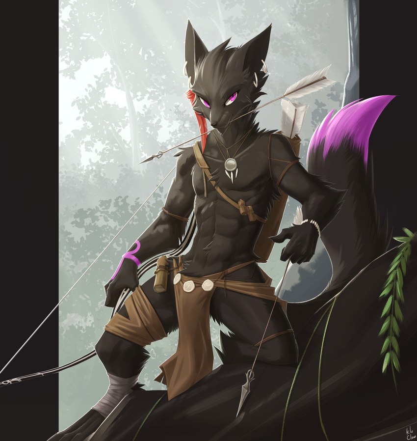 anthro arrow_in_mouth black_body black_fur black_tail bottomwear bow_(weapon) clothing dipstick_tail ear_piercing fur jewelry kneeling loincloth male markings necklace on_one_knee pendant piercing pink_eyes pink_tail_tip quiver_(object) ranged_weapon solo tail tail_markings weapon kluclew zephyrius hi_res