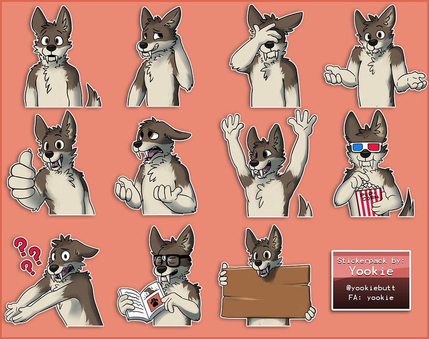 anthro big_fangs book brown_body brown_eyes brown_fur cheek_tuft eyes_closed eyewear facial_tuft fangs front_view fur gesture glasses hand_gesture head_tuft holding_book holding_object holding_popcorn holding_sign male narrowed_eyes neck_tuft obscured_eyes open_mouth red_background sign simple_background solo teeth telegram_sticker thumbs_up tuft wearing_glasses white_body white_fur yookie volty_(voltorn) canid mammal