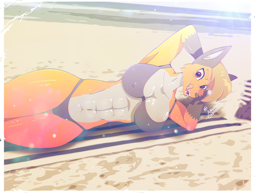 abs anthro athletic athletic_female beach big_breasts breasts clothed clothing female nipple_outline seaside solo thick_thighs tongue tongue_out angrycaboose cabby_(angrycaboose) canid canine fox mammal 2020 hi_res