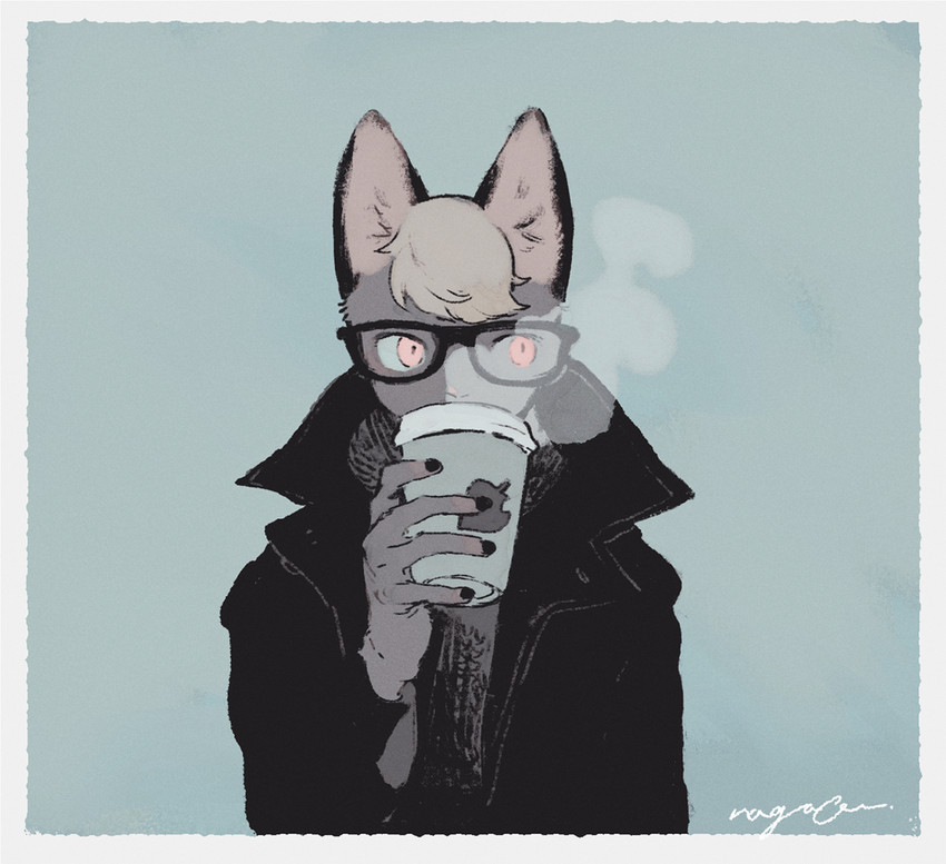 anthro beverage blue_background clothing coffee eyewear glasses male simple_background solo mucknagabe animal_crossing nintendo raymond_(animal_crossing) domestic_cat felid feline felis mammal hi_res