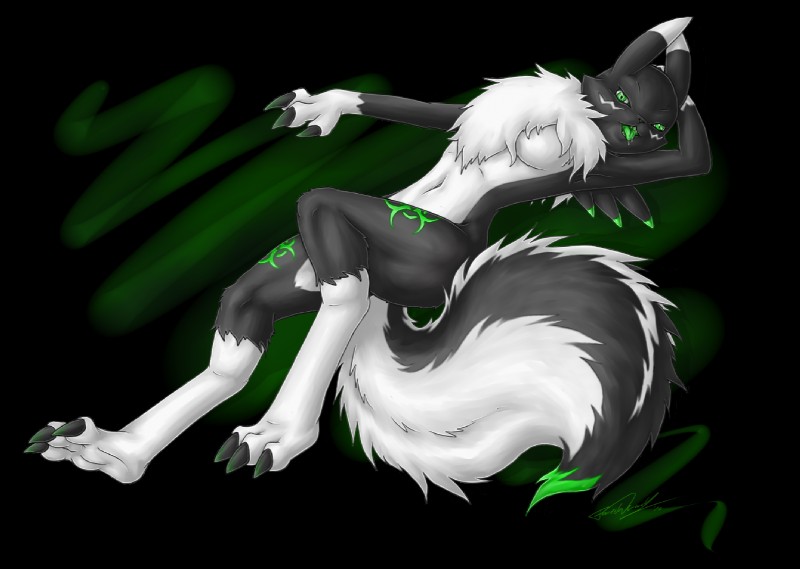 alternate_color anthro black_body black_fur chest_tuft countershading facial_markings female fur green_eyes green_markings green_tongue head_markings markings navel nude paws simple_background solo tail tongue transparent_background tuft white_body white_fur forceswerwolf bandai_namco digimon acidrenamon fan_character canid canine digimon_(species) hybrid mammal mephitid renamon skunk alpha_channel digital_media_(artwork)