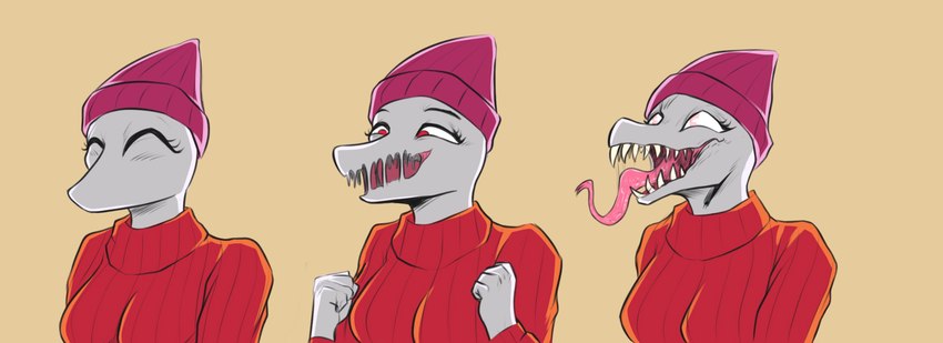 5_fingers anthro beanie breasts clothing eyes_closed female fingers fist forked_tongue goo-connected_lips hat headgear headwear long_tongue narrowed_eyes open_mouth red_eyes sharp_teeth simple_background smile snout solo sweater teeth tongue topwear deadassspider cavemanon_studios snoot_game erin_(snoot_game) dinosaur prehistoric_species reptile scalie colored hi_res sequence