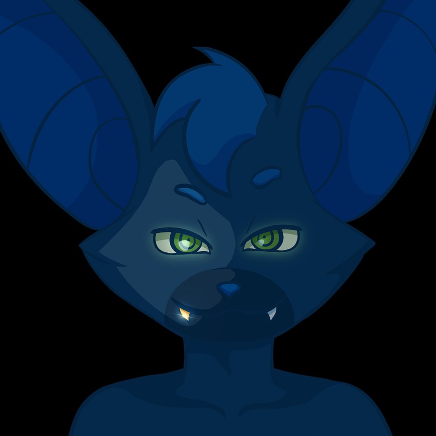 anthro bat_ears black_background blue_ears blue_hair fangs fur fur_markings glowing glowing_eyes gold_(metal) gold_tooth green_eyes grey_body grey_skin hair looking_at_viewer male markings simple_background solo teeth tuft flashquatsch perilune_(flashquatsch) bat felid feline hybrid mammal 1:1