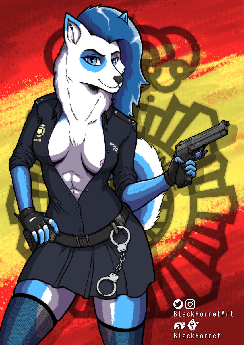 anthro belt blue_body blue_eyes blue_fur bottomwear clothed clothing cnp cuerpo_nacional_de_policia cuff_(restraint) electronics eye_spot female fishnet_clothing fishnet_legwear fur gloves gun handcuffs handwear legwear metal_cuffs multicolored_body multicolored_fur national_police national_police_corps_(spain) neck_tuft nipples police police_officer police_uniform radio ranged_weapon restraints shackles simple_background skirt smile solo spain textured_background tuft two_tone_body two_tone_fur uniform weapon white_body white_fur blackhornet canid canine canis domestic_dog husky mammal nordic_sled_dog spitz absurd_res hi_res