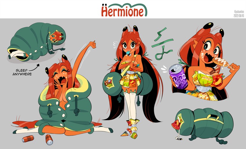 anthro beverage big_breasts breasts clothing corndog eating female food footwear hair leggings legwear orange_body orange_hair popsicle simple_background sleeping sleeping_bag snacks socks soft_drink solo text thigh_highs thigh_socks twintails_(hairstyle) waking_up kyu-bum_lee pocky hermione_(kyu-bum_lee) arthropod crustacean hermit_crab malacostracan marine 2022 absurd_res artist_name english_text hi_res model_sheet