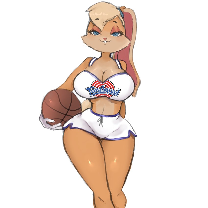 anthro ball basketball_(ball) big_breasts bottomwear breasts cleavage clothed clothing dolphin_shorts female shorts small_waist smile solo teeth thick_thighs wide_hips mishythesheep looney_tunes warner_brothers lola_bunny lagomorph leporid mammal rabbit 1:1 hi_res