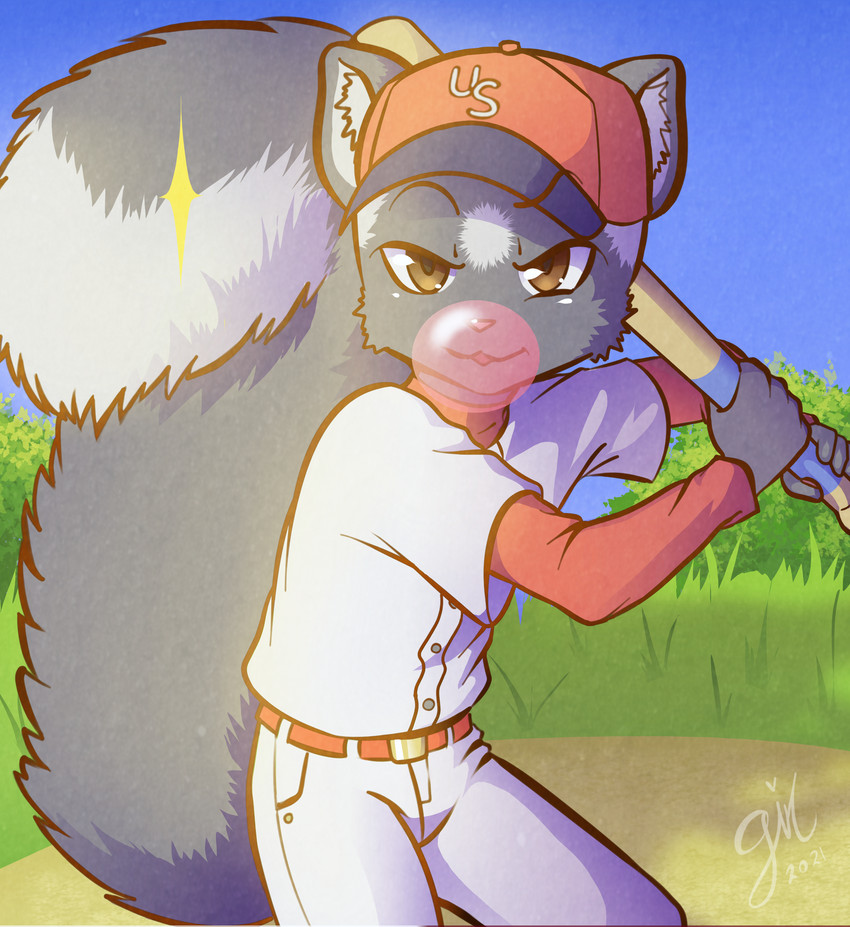 anthro baseball_(sport) baseball_bat baseball_cap baseball_uniform bat_(object) big_tail black_body black_fur blowing_bubble_gum brown_eyes bubble bubble_gum candy clothing dessert fluffy fluffy_tail food fur gum hat headgear headwear holding_object inflating looking_at_viewer male multicolored_body multicolored_fur outside sky solo sport sportswear tail two_tone_body two_tone_fur uniform white_body white_fur otorigin lemmy_(lemmy_niscuit) mammal mephitid skunk spotted_skunk absurd_res hi_res portrait three-quarter_portrait