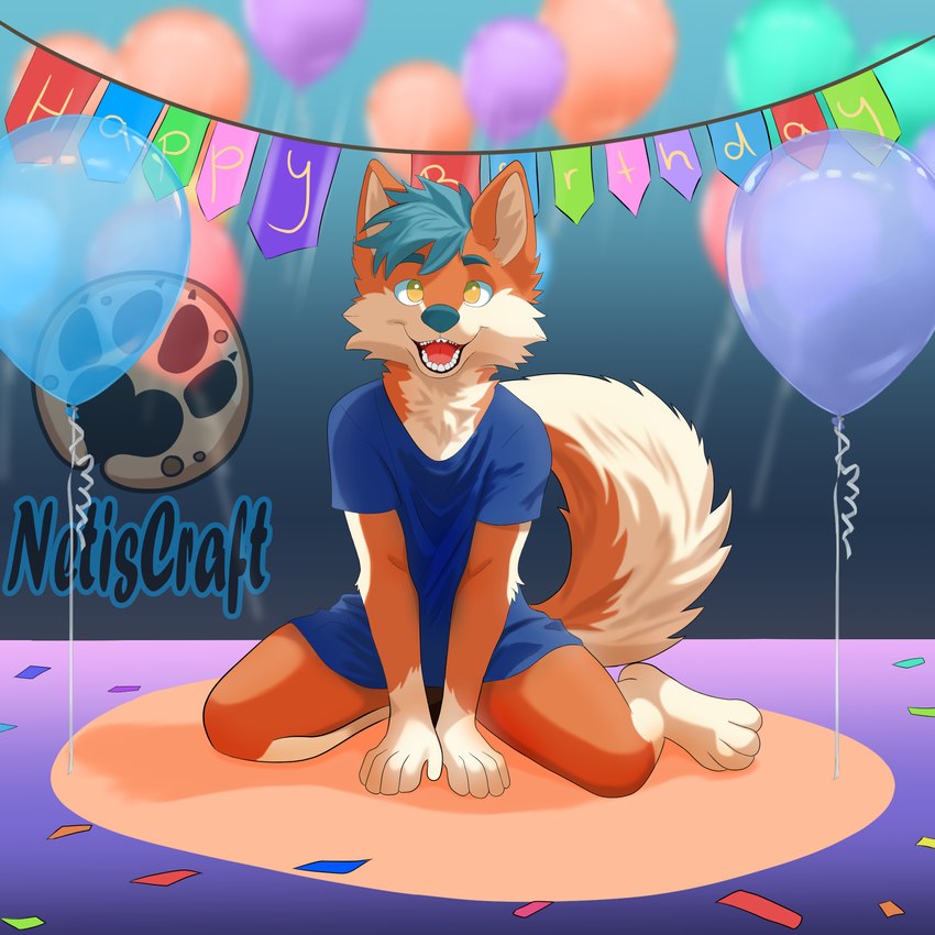 amber_eyes anthro balloon birthday blue_clothing blue_hair blue_shirt blue_topwear clothing confetti floor hair inflatable male open_mouth paws shirt sign sitting solo tail teeth tongue topwear netiscraft canid canine canis mammal wolf 1:1 hi_res