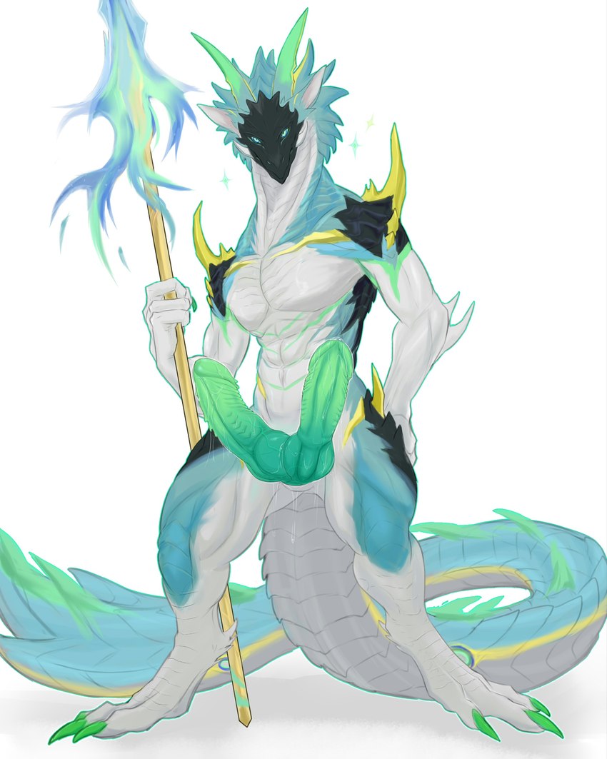 2_penises 4_fingers abs animal_genitalia animal_penis anthro arm_spikes beak belly big_penis black_face blue_body blue_eyes bodily_fluids claws digitigrade dripping elbow_spikes fingers flaming_weapon genital_fluids genitals green_claws green_horn green_penis hand_on_hip hemipenes holding_object holding_weapon horn knot long_tail magic_weapon male melee_weapon multi_genitalia multi_penis muscular muscular_anthro penis polearm pose precum precum_drip precum_string shoulder_spikes simple_background solo spear spikes spikes_(anatomy) standing tail thick_tail weapon white_belly laobai mythology starry_(cncsq) dragon mythological_creature mythological_scalie scalie 4:5 absurd_res colored detailed hi_res pinup shaded