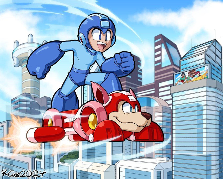 building city cloud day duo feral flying machine male open_mouth open_smile smile rongs1234 capcom mega_man_(series) megaman_(classic) mega_man_(character) rush_(mega_man) canid canine humanoid mammal robot 2024 hi_res signature