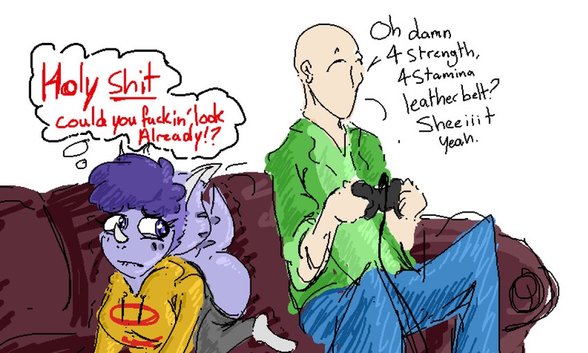 3_horns anthro bald bite biting_lip bottomwear bottomwear_down butt clothed clothing controller denim denim_bottomwear denim_clothing dialogue duo exposed_butt eyelashes female frill_(anatomy) furniture game_controller gaming hair hoodie horn jeans light-skinned_male light_body light_skin male multi_horn oblivious on_sofa pants pants_down partially_clothed playing_video_game profanity purple_body purple_eyes purple_hair purple_scales scales short_hair simple_background sofa text thought_bubble topwear white_background faustanon cavemanon_studios goodbye_volcano_high snoot_game anon_(snoot_game) trish_(gvh) ceratopsian dinosaur human mammal ornithischian prehistoric_species reptile scalie triceratops 2024 digital_drawing_(artwork) digital_media_(artwork) english_text