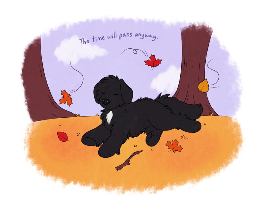 ambiguous_gender autumn black_body black_fur black_nose cloud day detailed_background digitigrade eyes_closed feral floppy_ears fur grass leaf lop_ears lying markings on_grass orange_grass outside paws plant plushie purple_sky purple_text sky snout solo stick tail text tree white_markings maligaytor douglas_cuddle_toys bundy_(douglas_cuddle_toys) animate_inanimate canid canine canis domestic_dog living_plushie mammal molosser mountain_dog newfoundland_dog 2023 digital_drawing_(artwork) digital_media_(artwork) english_text flat_colors full-length_portrait handwritten_text hi_res paint_tool_sai_(artwork) portrait