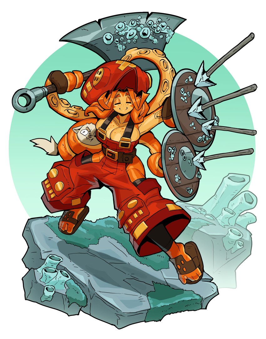 6_arms action_pose apron axe belt big_breasts breasts button_(fastener) clamp cleavage clothed clothing duo eyes_closed feet female feral footwear freckles fur greataxe hat headgear headwear holding_axe holding_character holding_object holding_shield holding_weapon humanoid_feet male melee_weapon membrane_(anatomy) multi_arm multi_limb noseless orange_body orange_skin orange_tentacles pawpads plantigrade polearm pose pseudo_hair sandals shield shoes smile spear suckers tentacle_hair tentacles toes tools weapon weapon_on_shoulder webbed_feet white_body white_fur wide_hips ceehaz hama_(ceehaz) michael_(ceehaz) animal_humanoid cephalopod cephalopod_humanoid domestic_cat felid feline felis humanoid mammal marine marine_humanoid mollusk mollusk_humanoid octopus_humanoid 2022 absurd_res hi_res