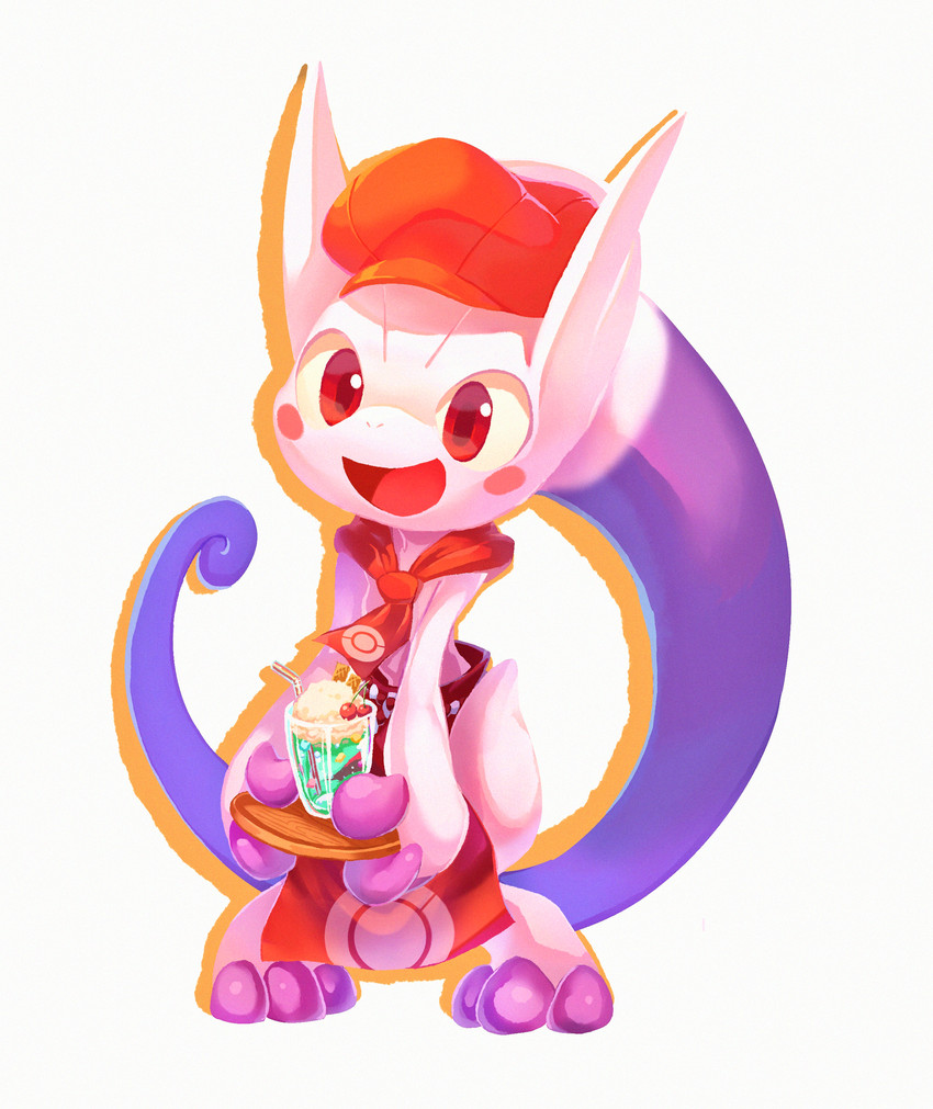 3_toes ambiguous_gender anthro apron barefoot beverage blush clothing container cup feet hat headgear headwear holding_object open_mouth open_smile red_eyes simple_background smile solo toes tamanosuke nintendo pokemon pokemon_cafe_remix generation_6_pokemon legendary_pokemon mega_evolution mega_mewtwo mega_mewtwo_y pokemon_(species) 2020 absurd_res hi_res