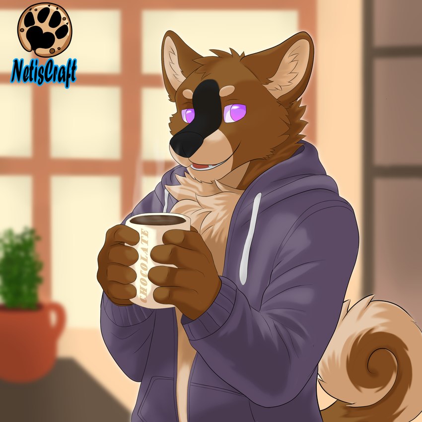 anthro beverage brown_body brown_fur candy chest_tuft chocolate clothing container cup curled_tail dessert food fur hoodie hot_chocolate male purple_eyes solo tail tan_body tan_fur teeth topwear tuft netiscraft canid canine canis mammal wolf 1:1 hi_res