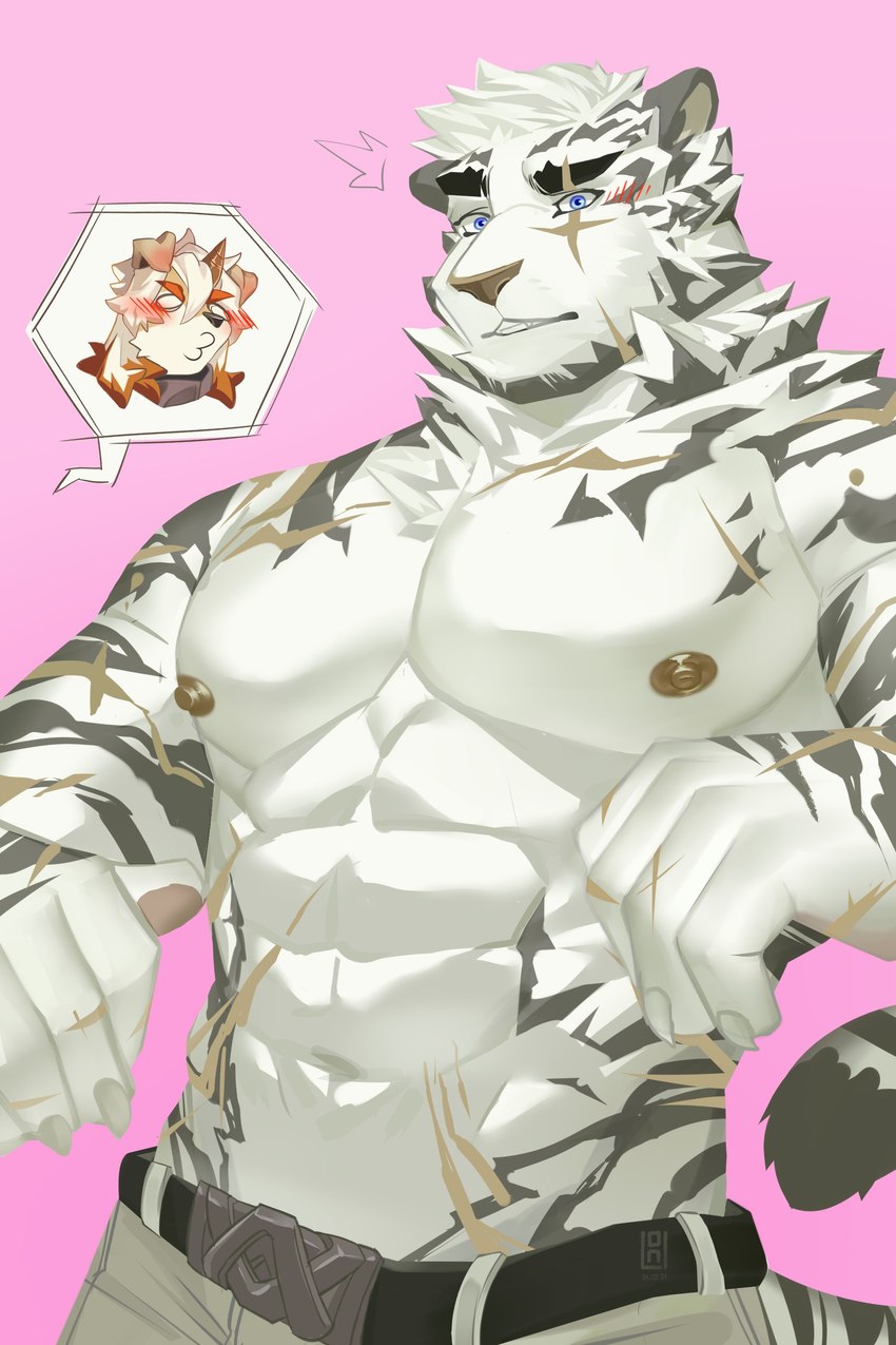 1_horn abs anthro barazoku blush clothed clothing duo facial_scar fur hair horn long_hair looking_at_another male multiple_scars nipples pecs pink_background puckered_lips scar simple_background speech_bubble topless topless_male white_body white_fur long_dinh arknights hypergryph mythology studio_montagne hung_(arknights) mountain_(arknights) felid mammal mythological_creature pantherine tiger 2:3 absurd_res hi_res