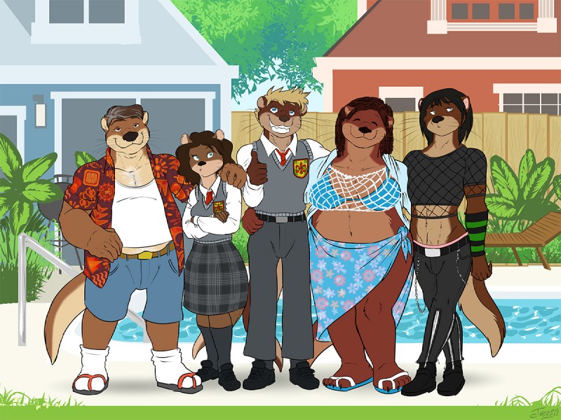 aloha_shirt anthro belly belly_overhang belt big_breasts bikini black_hair black_nose blonde_hair body_hair bottomwear breasts brown_body brown_eyes brown_fur brown_hair building chain chair chest_hair clothed clothing countershading crop_top crossed_arms crossed_legs day ear_piercing eyebrows eyes_closed family_photo female fishnet_clothing fishnet_shirt fishnet_topwear footwear fully_clothed fur furgonomics furniture furry-specific_piercing gesture green_eyes grey_hair group hair half-closed_eyes hand_gesture hand_on_hip hand_on_shoulder happy_trail house legwear long_hair long_tail looking_at_viewer lounge_chair male mature_anthro mature_female mature_male midriff narrowed_eyes navel necktie overweight pants pattern_clothing pattern_shirt pattern_topwear piercing plaid plant pouting raised_eyebrow raised_eyebrows red_hair sandals school_uniform shirt shoes short_hair shorts skirt slightly_chubby smile socks socks_with_sandals standing swimming_pool swimwear tail teeth thick_thighs thumbs_up topwear towel tree two-piece_swimsuit undershirt uniform whiskers white_eyes white_hair wide_hips wrinkles conditional_dnp jonas cormac_otterson habban_otterson nashita_otterson ruckar_otterson semira_otterson mammal mustelid otter 2017 4:3 digital_media_(artwork) full-length_portrait portrait signature parent_(lore) son_(lore)