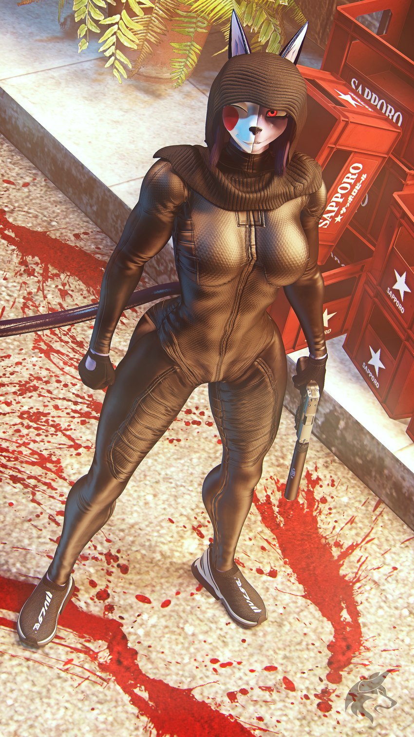 alley anthro blood blood_splatter bodily_fluids bodysuit clothing female gloves gun handgun handwear hood mask muscular muscular_female pistol ranged_weapon red_eyes scarf skinsuit solo street tight_clothing weapon ludexus zicera_(ludexus) felid feline mammal 3d_(artwork) 4k 9:16 absurd_res digital_media_(artwork) hi_res source_filmmaker_(artwork)