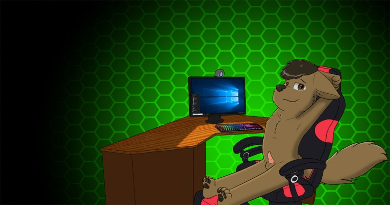 anthro balls biped desktop erection fur gaming genitals looking_at_viewer male nude penis playing_video_game sitting small_penis solo young young_anthro skunket microsoft microsoft_windows windows_10 sven canid canine mammal