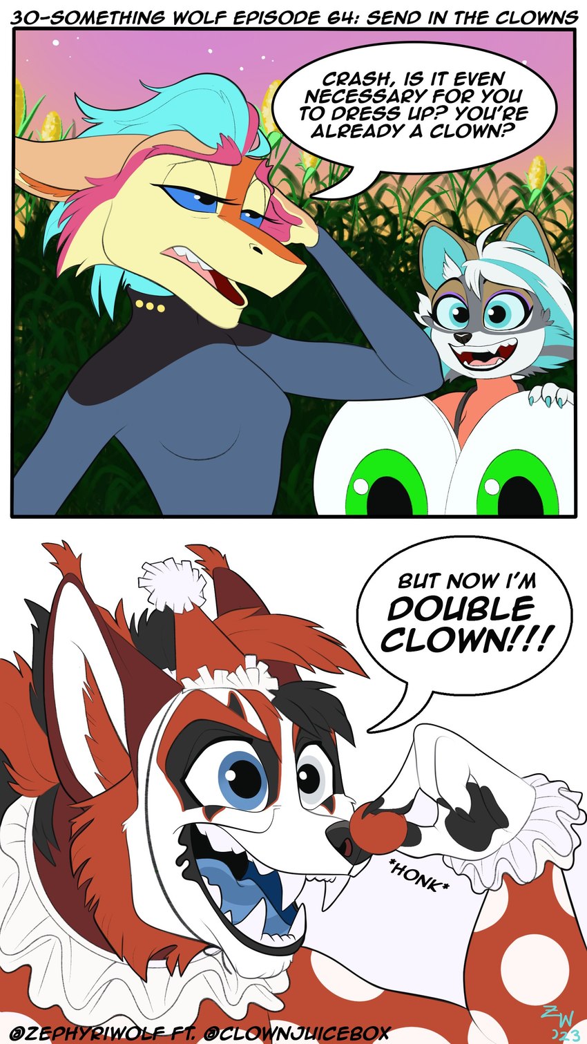 2_panel_comic anthro black_hair blue_hair blue_sclera brown_body brown_fur cheek_tuft clothing clown clown_costume clown_makeup clown_nose clown_paint costume dialogue ear_tuft ears_down facial_tuft fangs female fur green_body green_fur green_highlights grey_body grey_fur grey_pawpads group hair half-closed_eyes halloween_costume hat headgear headwear heterochromia highlights_(coloring) holidays humor male multicolored_hair narrowed_eyes open_mouth open_smile orange_hair party_hat pawpads paws pink_body pink_fur pink_highlights pivoted_ears simple_background smile sound_effects speech_bubble tan_body tan_fur teeth text trio tuft two_tone_hair white_background white_hair zephyriwolf halloween charlie_sergal zephyri_q_wolf canid canine canis hyena mammal sergal spotted_hyena wolf absurd_res english_text hi_res