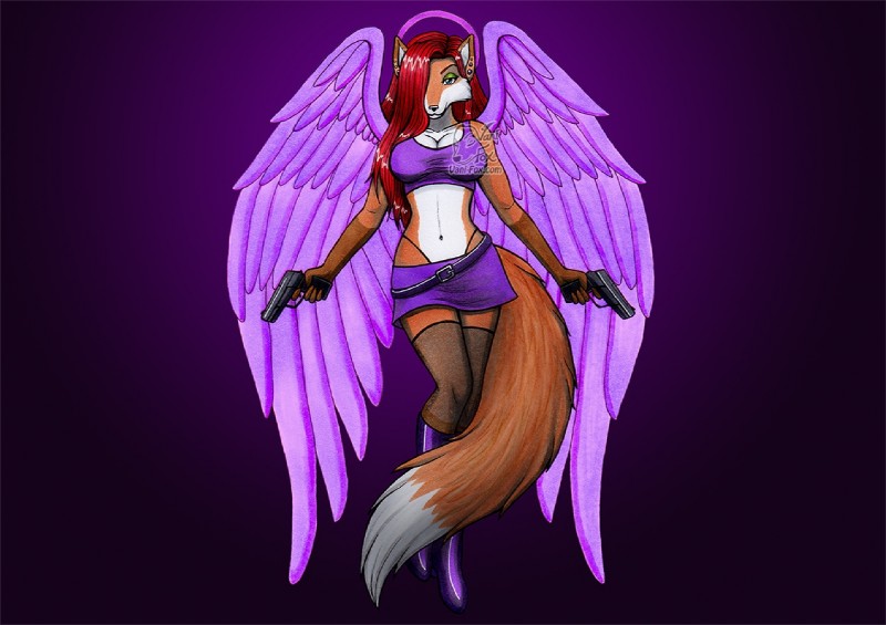 anthro belt black_nose boots breasts clothing ear_piercing feathered_wings feathers female footwear gloves_(marking) gun hair legwear looking_at_viewer markings piercing ranged_weapon red_hair saint_of_all_saints shoes solo stockings thong underwear weapon wings vani-fox saints_row angel canid canine fox mammal