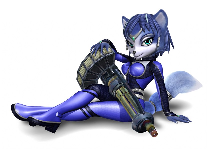 accessory anthro belt big_weapon blue_body blue_eyes blue_fur blue_hair boots breasts clothing female footwear fur furgonomics gatling_gun gun hair high_heeled_boots high_heels jewelry looking_at_viewer machine_gun minigun ranged_weapon ring shoes simple_background sitting solo suggestive tail tail_accessory tail_jewelry tail_ring tight_clothing unitard weapon unknown_artist nintendo star_fox krystal_(star_fox) canid canine fox mammal 2005 3d_(artwork) absurd_res digital_media_(artwork) hi_res official_art