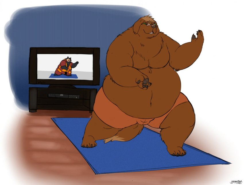 anthro belly big_belly bottomwear brown_body brown_fur brown_hair claws clothing electronics exercise exercise_mat eyewear fur glasses grey_claws grey_nose grey_pawpads hair living_room male navel neck_tuft orange_bottomwear orange_clothing orange_shorts overweight overweight_anthro overweight_male pawpads shorts slightly_chubby slightly_chubby_male solo tai_chi teeth television thick_arms thick_thighs tuft bangabear bangabear_(character) devin_d_parlett canid canine canis domestic_dog mammal molosser mountain_dog newfoundland_dog