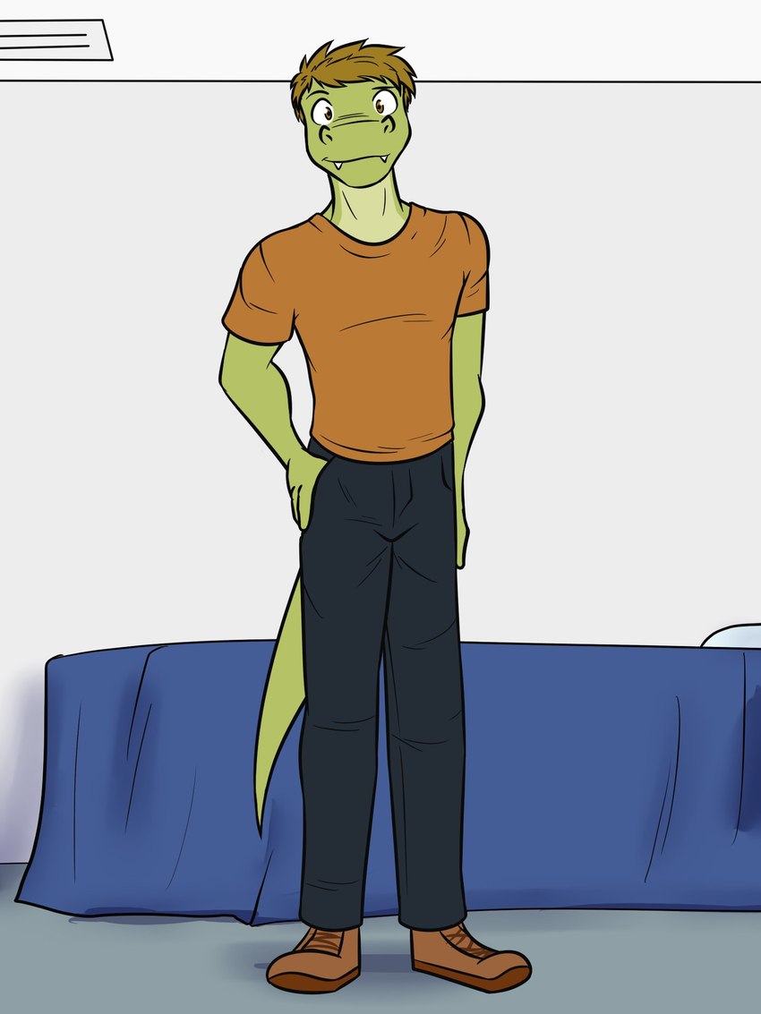 anthro bed bottomwear clothed clothing footwear fully_clothed furniture male pants shirt shoes solo t-shirt topwear fuze gabriel_(fuze) alligator alligatorid crocodilian reptile scalie 3:4 full-length_portrait hi_res portrait