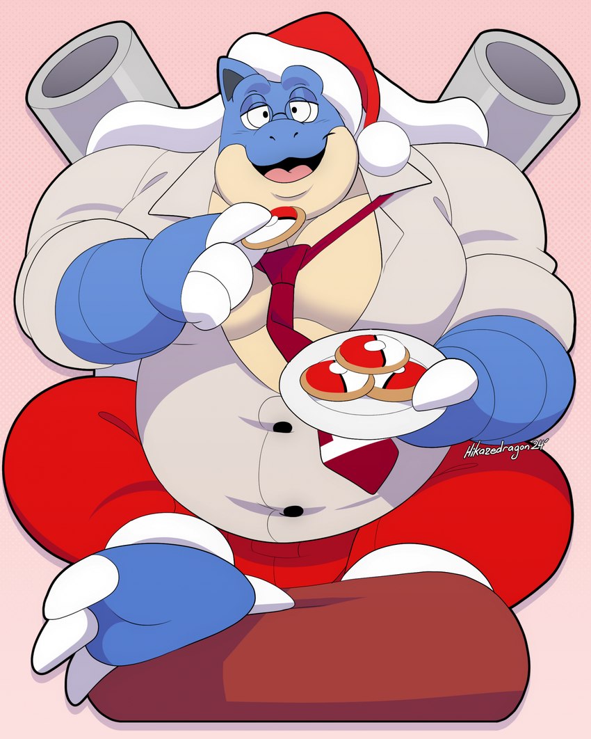 anthro anthrofied belly big_belly biscuit_(food) blue_arms blue_ears blue_face blue_feet bottomwear bread button_(fastener) cannon christmas_clothing christmas_headwear claws clothed clothed_anthro clothed_male clothing cookie countershading eyewear feet food glasses hat headgear headwear holding_cookie holding_food holding_object holding_plate holidays male necktie overweight overweight_anthro overweight_male plate pokemorph ranged_weapon red_bottomwear red_clothing red_necktie round_glasses santa_hat shell shirt shoulder_cannon simple_background solo tan_belly tan_body tan_chest tan_countershading tan_face topwear two_tone_face weapon white_claws hikazedragon christmas nintendo pokemon blastoise generation_1_pokemon pokemon_(species) 2024 digital_drawing_(artwork) digital_media_(artwork) hi_res