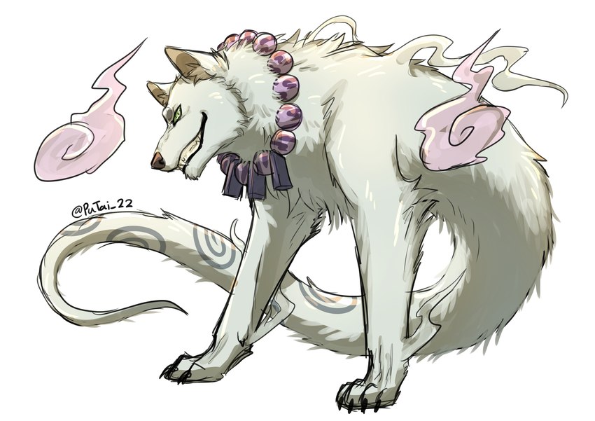 beaded_jewelry beaded_necklace beads black_nose collar feral fur ghost_tail green_eyes grin inner_ear_fluff jewelry male necklace side_view simple_background smile solo tuft white_background white_body white_fur putai22 kekkaishi madarao_(kekkaishi) ayakashi canid canine canis mammal spirit wolf 2022 absurd_res full-length_portrait hi_res portrait signature