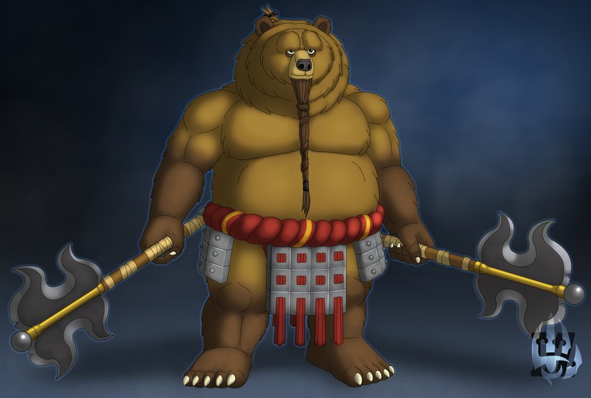 5_toes anthro armor axe beard bottomwear brown_body brown_fur clothing facial_hair feet fur holding_object holding_weapon loincloth long_beard male musclegut muscular plantigrade red_rope rope slightly_chubby solo tassels toes warrior weapon dzkribblerluiz dreamworks kung_fu_panda bear mammal ursine maine_(disambiguation)