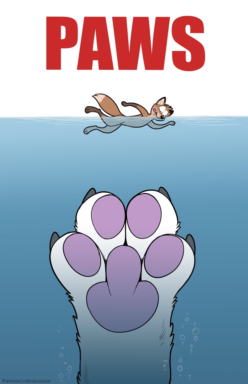 4_fingers anthro biped brown_body brown_fur claws dipstick_tail disembodied_hand duo fingers fur humor markings movie_poster nude parody partially_submerged pawpads paws pink_pawpads poster poster_template swimming tail tail_markings text title underwater water nikraccoom jaws_(film) universal_studios canid canine fox mammal 2021 absurd_res english_text hi_res