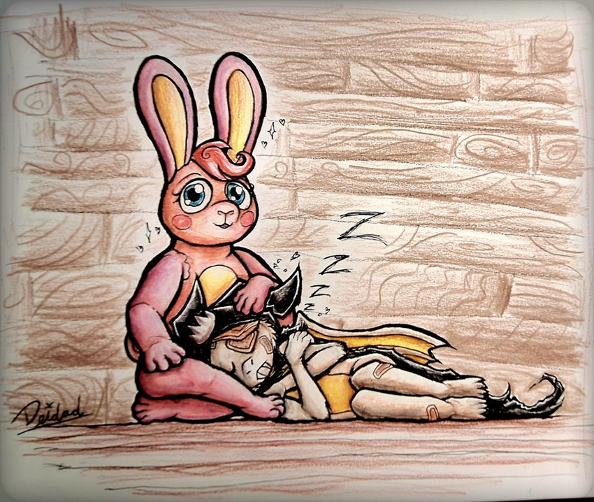 anthro caressing caressing_head comforting crossed_arms crossed_legs duo female female/female lying pink_body self_hug sitting sleeping white_body deidad_dissitum pretty_blood carl_(pretty_blood) elma_(pretty_blood) bat lagomorph leporid malino mammal rabbit hi_res traditional_media_(artwork)