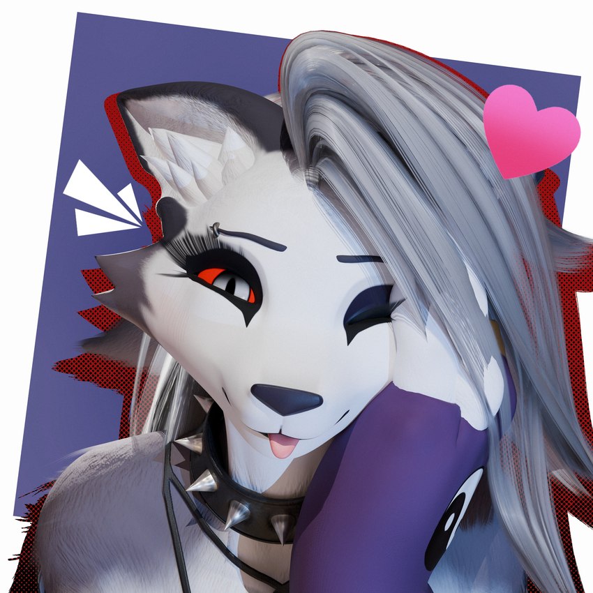 anthro blep collar duo female grey_hair hair heart_symbol one_eye_closed pupils red_sclera slit_pupils spiked_collar spikes tongue tongue_out yin_yang furry_ghosty bandai_namco digimon helluva_boss mythology loona_(helluva_boss) canid canid_demon canine demon digimon_(species) hellhound mammal mythological_canine mythological_creature renamon 1:1 3d_(artwork) absurd_res digital_media_(artwork) hi_res