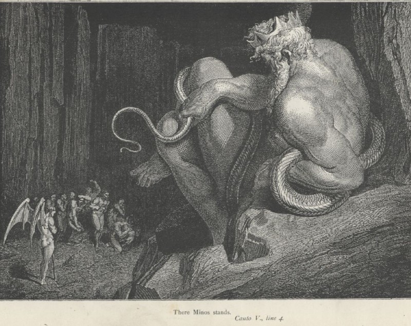 anthro butt crown engraving female group headgear hell male membrane_(anatomy) membranous_wings text wings gustave_dore divine_comedy european_mythology greek_mythology inferno_(divine_comedy) mythology minos_(greek_mythology) bovid bovine demon humanoid mammal minotaur 1861 19th_century ancient_art english_text formal_art greyscale monochrome