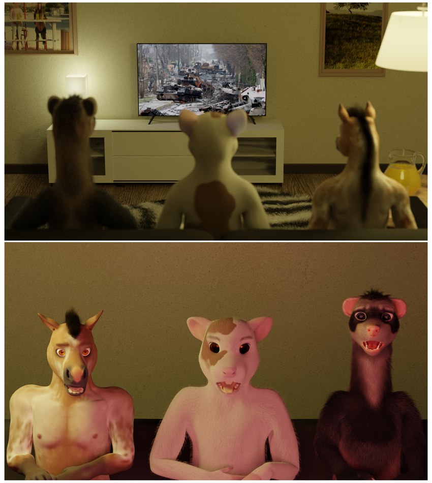 anthro border electronics furniture group living_room male news nipples sofa television watching_television white_border blackxeno_(artist) untied_verbeger domestic_ferret equid equine horse mammal mouse murid murine mustelid musteline rodent true_musteline weasel 3d_(artwork) blender_(artwork) comic digital_media_(artwork) hi_res