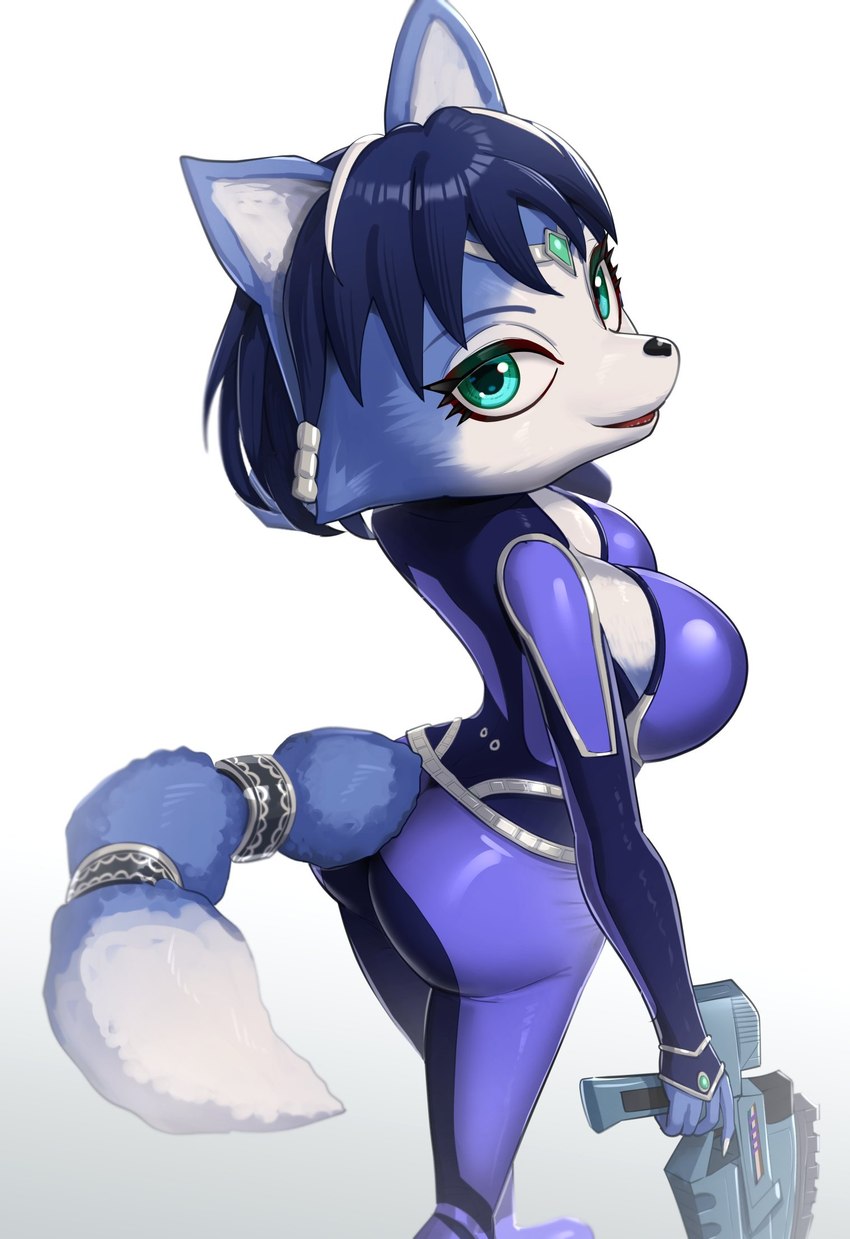 accessory anthro blue_body blue_fur blue_hair bodysuit breasts butt butt_pose clothing dipstick_tail female fur furgonomics green_eyes gun hair handgun looking_at_viewer markings on_model open_mouth open_smile pose ranged_weapon simple_background skinsuit smile solo tail tail_accessory tail_markings tailband tight_clothing weapon white_background white_body white_fur gonzarez1938 nintendo star_fox krystal_(star_fox) canid canine fox mammal 2023 hi_res