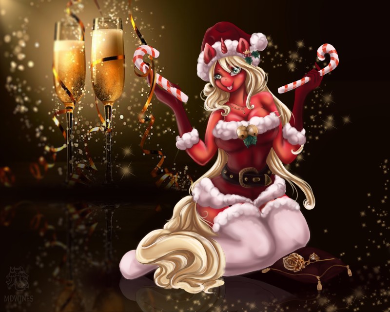 alcohol anthro beverage big_breasts blonde_hair breasts candy candy_cane champagne christmas_clothing christmas_headwear cleavage clothed clothing costume dessert female flower food gloves green_eyes hair handwear hat headgear headwear holding_object holidays holly_(plant) horn humanoid_pointy_ears jewelry legwear long_hair looking_at_viewer open_mouth party plant pointy_ears red_body red_skin rose_(flower) santa_hat simple_background smile solo stockings thick_thighs thigh_highs tongue tongue_out wide_hips conditional_dnp mdwines christmas hasbro my_little_pony mythology fan_character equid equine mammal mythological_creature mythological_equine unicorn 2018 5:4 absurd_res digital_media_(artwork) hi_res