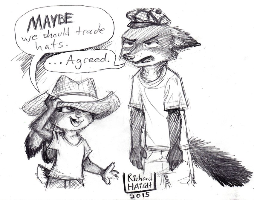 anthro clothing duo female fur hat headgear headwear male text penmark disney zootopia judy_hopps nick_wilde canid canine fox lagomorph leporid mammal rabbit red_fox true_fox 2015 english_text sketch