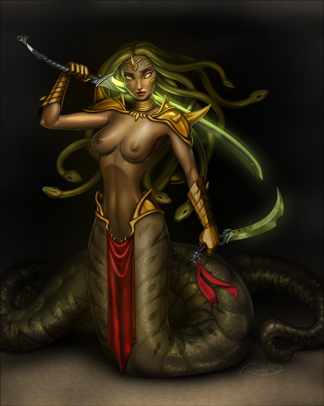 5_fingers apode areola breasts coiling dagger female fingers holding_melee_weapon holding_object holding_sword holding_weapon legless living_hair melee_weapon nipples non-mammal_breasts non-mammal_nipples pseudo_hair snake_hair sword weapon quillu european_mythology greek_mythology mythology medusa gorgon reptile scalie snake 2018 4:5 digital_media_(artwork) hi_res