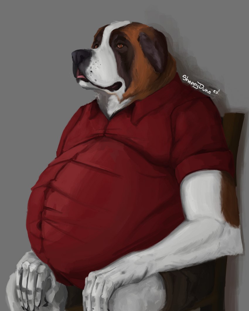 anthro belly bloated brown_eyes clothed clothing male musclegut muscular overweight overweight_anthro overweight_male shirt sitting solo topwear sheppyduke canid canine canis domestic_dog mammal molosser mountain_dog saint_bernard absurd_res hi_res