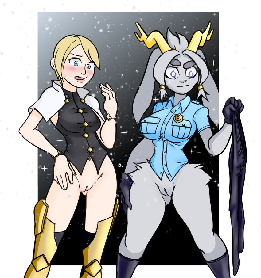 alternate_costume anthro antlers armor big_breasts black_background black_clothing black_leotard blonde_hair blue_eyes blush bottomless breasts clothed clothing clothing_swap duo eyelashes female floppy_ears footwear fur genitals gloves grey_body grey_fur hair hand_on_hip handwear horn leotard lop_ears navel open_mouth police police_badge police_uniform purple_clothing purple_eyes purple_footwear purple_gloves purple_handwear purple_socks pussy short_hair simple_background socks sparkles tan_body tan_skin thick_thighs uniform white_background wide_hips yellow_horn rasenxoru konami pseudoregalia silent_hill cybil_bennett_(silent_hill) sybil_(pseudoregalia) bovid caprine goat human hybrid jackalope lagomorph leporid mammal rabbit hi_res