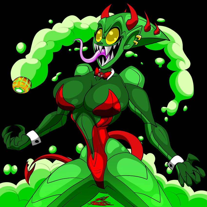 bomb bow_tie breasts crossgender devil_costume duo ear_piercing ear_ring empty_eyes explosives featureless_crotch female green_body green_smoke humanoid_pointy_ears long_tongue metallic_body navel not_furry open_mouth piercing pointy_ears pumpkin_bomb ring_piercing sharp_teeth smile smoke solo_focus teeth tongue tongue_out therizkpiecraft marvel spider-man_(series) green_goblin spider-man_(character) goblin humanoid 1:1 absurd_res hi_res