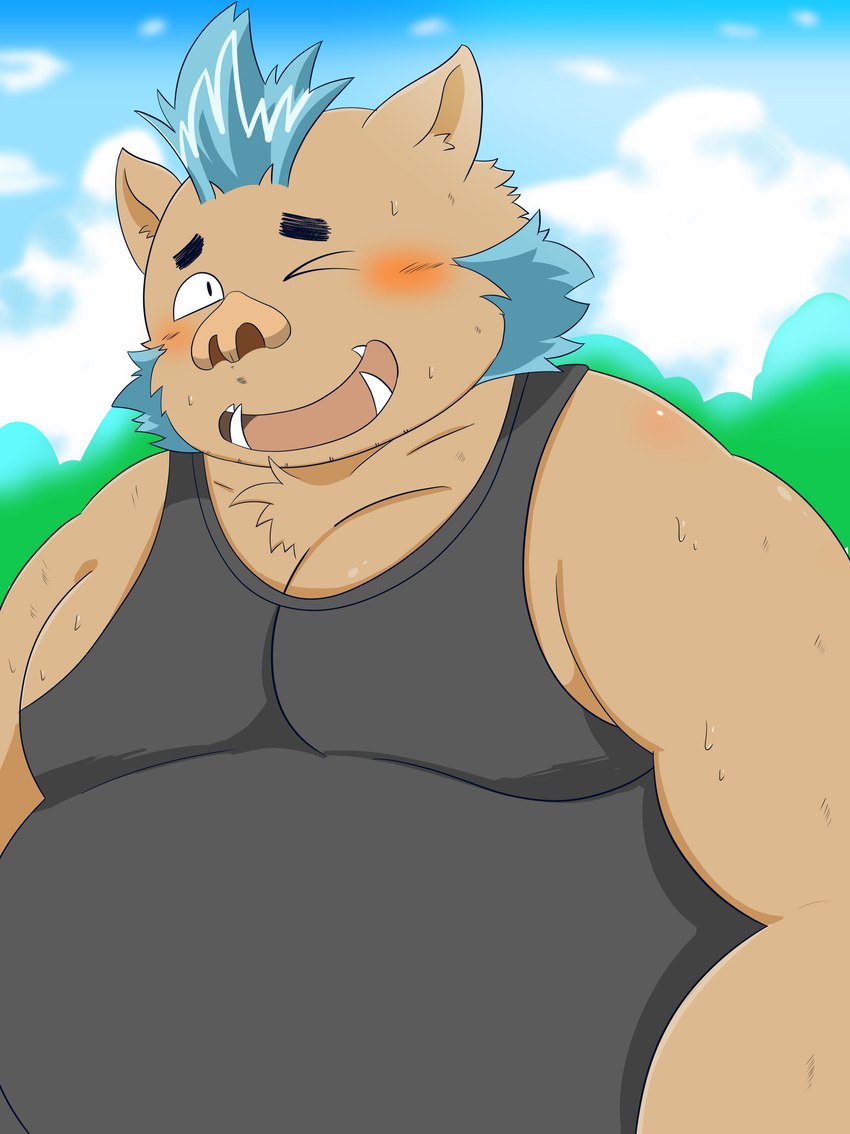 anthro belly big_belly blush clothing kemono male moobs one_eye_closed outside overweight overweight_male shirt solo topwear wink tukiguma761 lifewonders tokyo_afterschool_summoners ganglie_(tas) mammal suid suina sus_(pig) wild_boar 2024 absurd_res hi_res