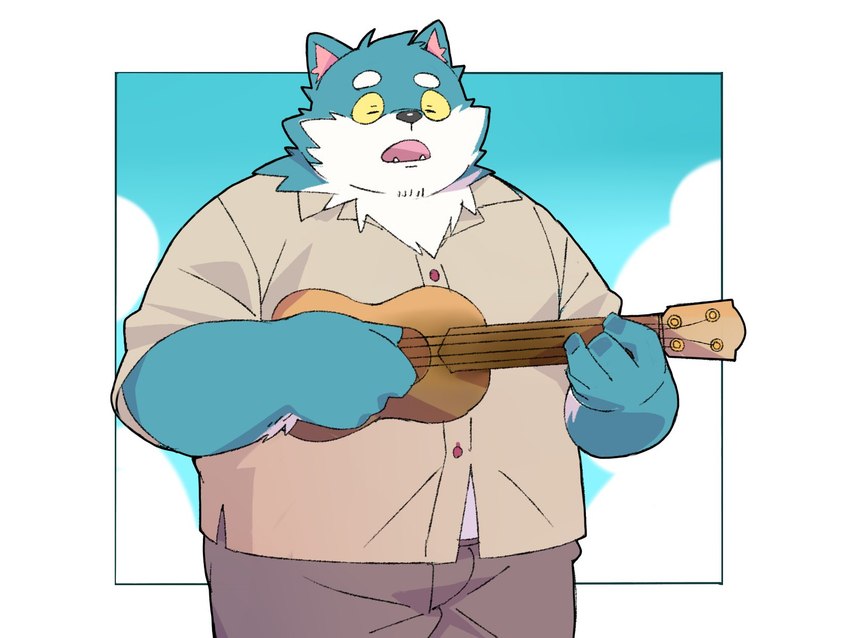 anthro black_nose bottomwear clothing cloud eyes_closed kemono lute male musical_instrument overweight overweight_male pants plucked_string_instrument shirt solo string_instrument topwear ukulele inunoshippo canid canine canis domestic_dog mammal 2024 4:3 hi_res