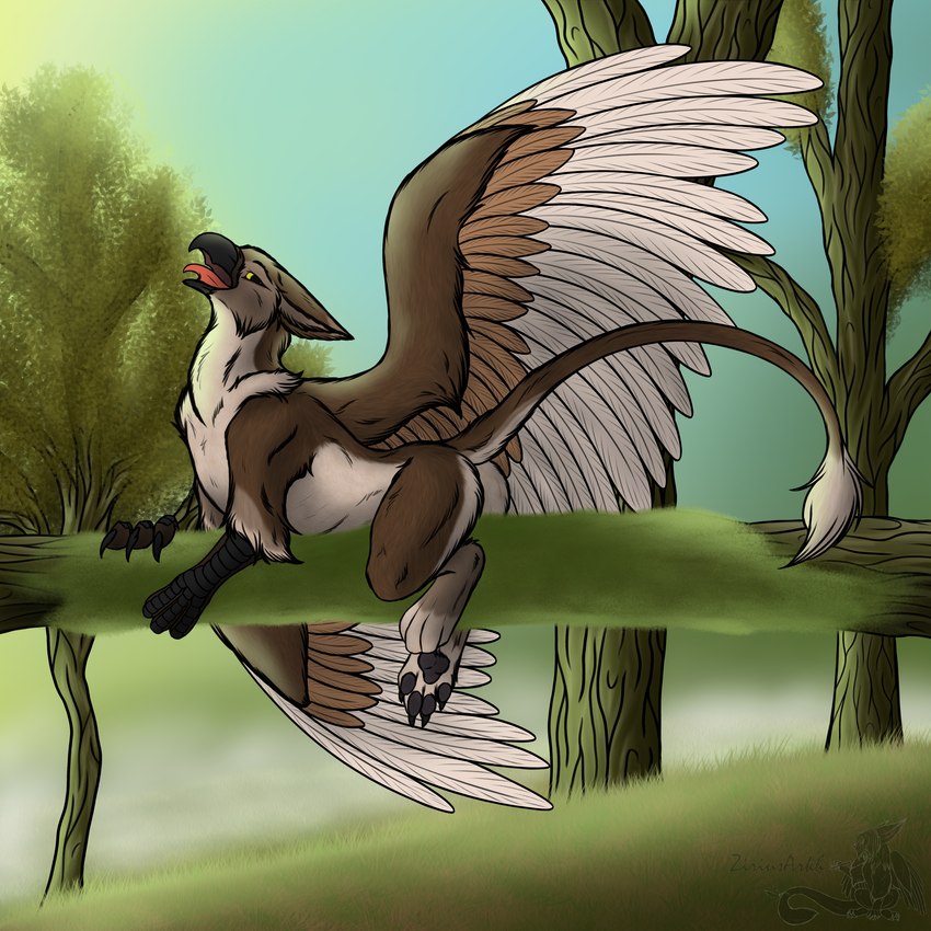 ambiguous_gender claws feathers feral fluffy forest forest_background happy looking_back moss nature nature_background pawpads paws plant sitting_on_branch solo spread_wings tree wings zirius mythology avian gryphon mythological_avian mythological_creature 1:1 absurd_res hi_res male_(lore)